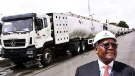 Aliko Dangote and oil tanker trucks, Nigeria. Photo: Dangote