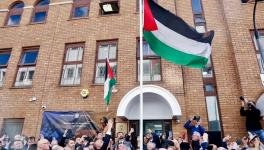 Sinn Féin MLA John O’Dowd joined the historic raising of the Palestinian flag at the new Embassy in London, as the State of Palestine was recognized. Photo: Sinn Féin
