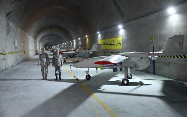 Iran’s Chief of the General Staff of Armed Forces Gen. Mohammad Hossein Bagheri (L) and Commander of the Army Gen. Abdolrahim Mousavi visiting an underground drone base in western Zagros Mountains, May 28, 2022