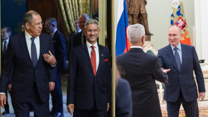 India’s External Affairs Minister S. Jaishankar with Russian Foreign Minister Sergey Lavrov (L) and President Vladimir Putin (R) in Moscow during a five-day visit to Russia (Dec 24-29, 2023)