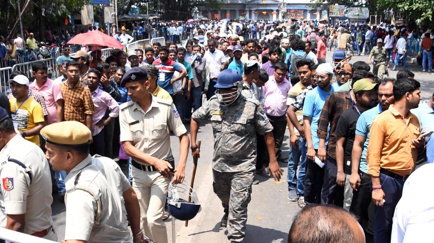  Job losing teacher and non-teaching staffs are waiting to enter in Netataji indoor stadium on 7th April