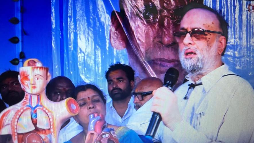 Padmashri Dr. Prasada Rao explaining how Kattaiah was operated and an artificial valve placed and how it worked for more than 45 years in memorial meetings in his village.