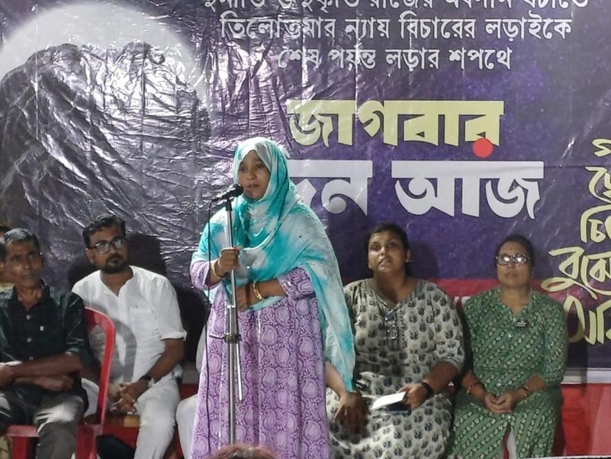 Tamanna’s mother Sabina Yasmin speaking at the Shyambazar protest rally on August 14, demanding justice.