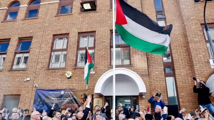 Sinn Féin MLA John O’Dowd joined the historic raising of the Palestinian flag at the new Embassy in London, as the State of Palestine was recognized. Photo: Sinn Féin