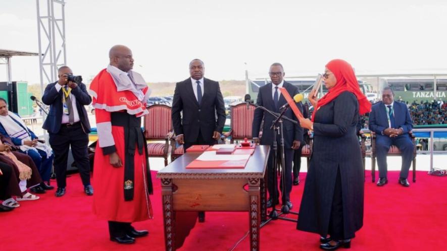 President Samia Suluhu Hassan is sworn in after re-election in Tanzania. Photo: X